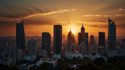 Fototapeta premium A breathtaking sunset over a modern city skyline with skyscrapers silhouetted against a fiery sky.