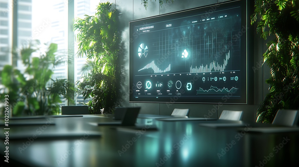 Poster a modern conference room with a large screen displaying data analytics, surrounded by greenery, prov