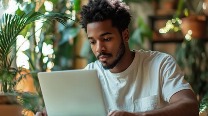 Young man working on a laptop in a home office with plants