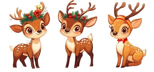 Naklejka premium three set of cute Christmas reindeer isolated transparent background