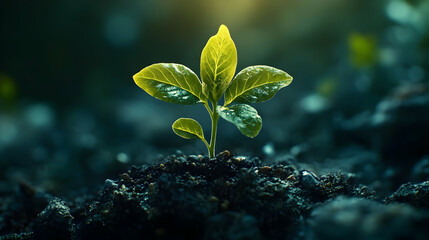 Green Sprout Emerging from Dark Soil - Nature Photography