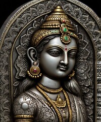 Fototapeta premium This silver coin showcases the figure of Lakshmi, symbolizing wealth and fortune in Indian culture