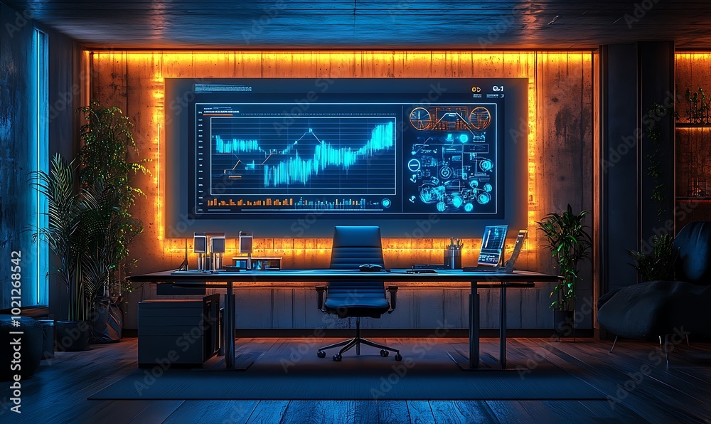 Aufkleber a modern office space featuring a sleek desk, high-tech screen displaying data analytics, and ambien