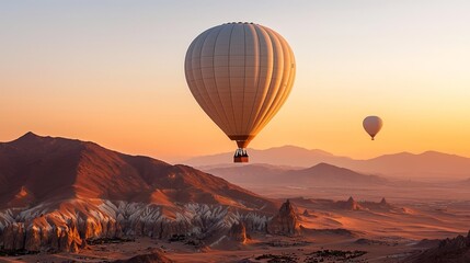 Fototapeta premium Serenity above Al Ula, balloons drift across the sky as the sun sets over desert mountains, a touristic marvel