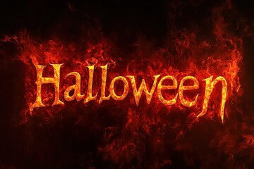 "Halloween" ablaze in flames, creating a Halloween-inspired, black background with an orange and red color scheme