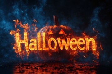 "Halloween" ablaze in flames, creating a Halloween-inspired, black background with an orange and red color scheme