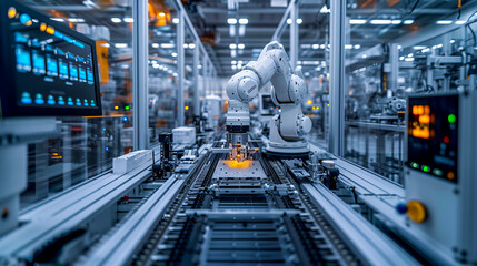 Fototapeta premium Robots and Devices at Work. Modern Production