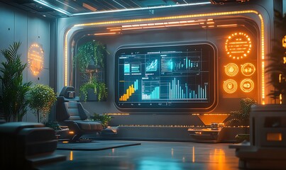 Obraz premium A futuristic room featuring high-tech screens, glowing accents, and lush plants, creating a vibrant tech-savvy environment.