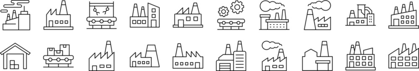 Collection of Icons of Factory, Manufacture Drawn with Thin Line for apps, web sites, banners, infographics and other types of design