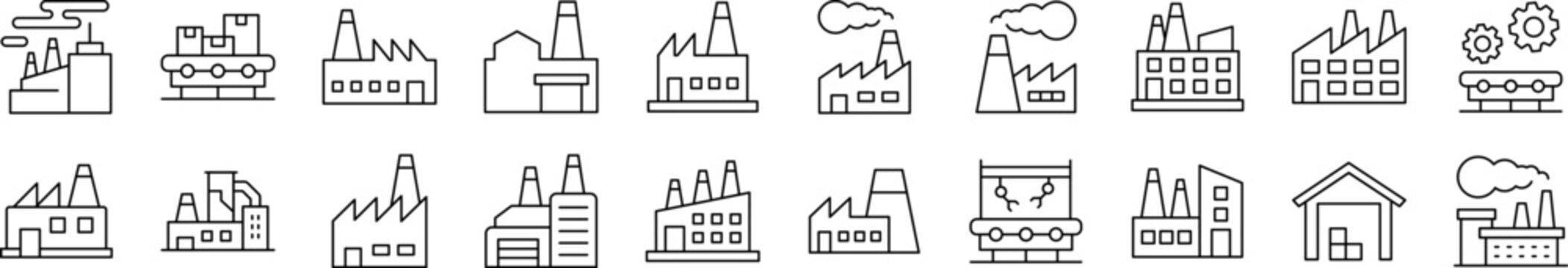 Collection of Signs of Factory, Manufacture Drawn with Thin Line for apps, web sites, banners, infographics and other types of design