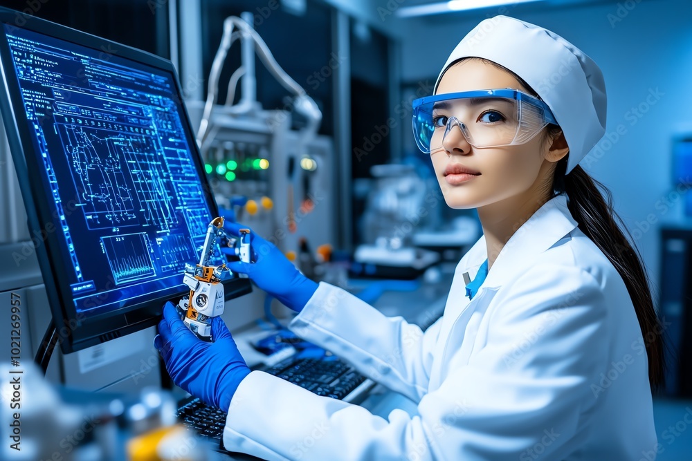 Aufkleber a scientist working with advanced robotic tools in a futuristic laboratory, conducting experiments r