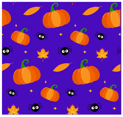 Halloween Pattern with Pumpkins, spider leaves Spooky Cartoon Style Premium Vector
