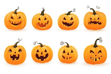 Set of orange pumpkins with different faces on a white background, vector illustration style, flat design