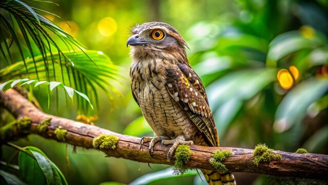 Captivating potoo perched on a branch, showcasing its unique features in a lush green environment