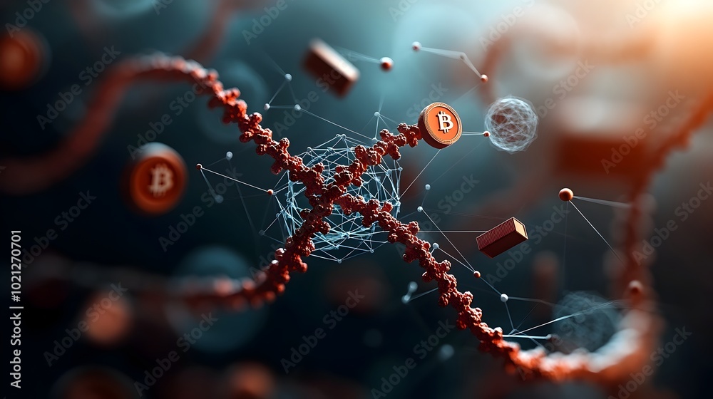 Poster intricate 3d model showcasing the convergence of blockchain dna and biotechnology with highly detail