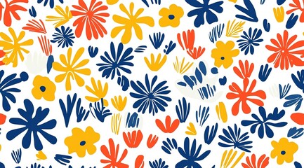 Pattern of bold, colorful abstract flower shapes on a white background.