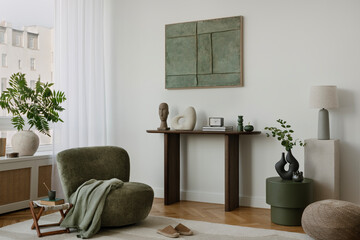 A cozy corner for relaxation with a comfortable armchair and nature-inspired decor. The muted color...