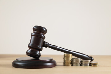 Close-up gavel law and money, free background, savings in legal services, lawyers, litigation,...