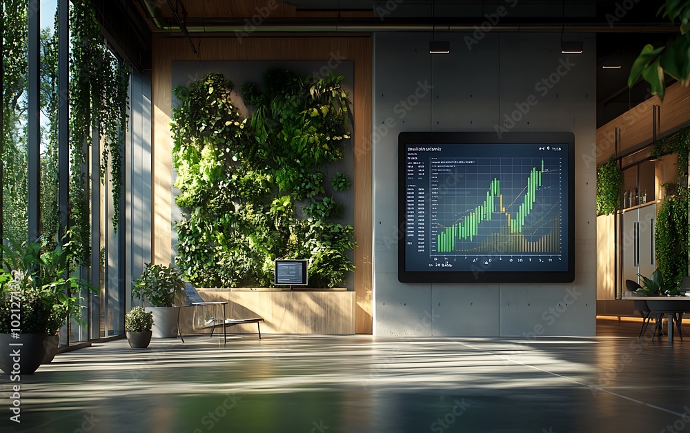 Aufkleber A modern office interior with greenery and a large screen displaying financial charts and performance metrics in a bright, open space.