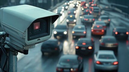 A speed camera is monitoring a busy traffic road, highlighting the importance of speed control and road safety on highways