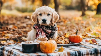 Cute Puppy in Scarf Enjoying Thanksgiving Feast