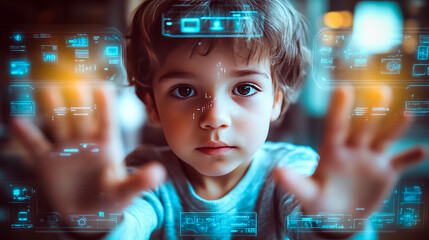 Young child engaging with futuristic, transparent digital interface, highlighting theme of early technological interaction and future of educationcuriosity, innovation, next generation's relationship 
