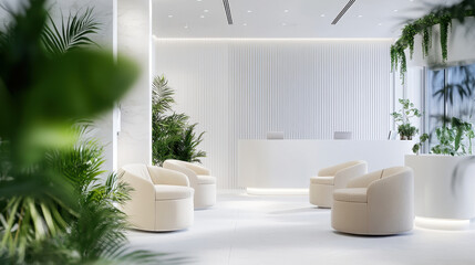 white luxury showroom with reception area, beige chairs in the waiting area
