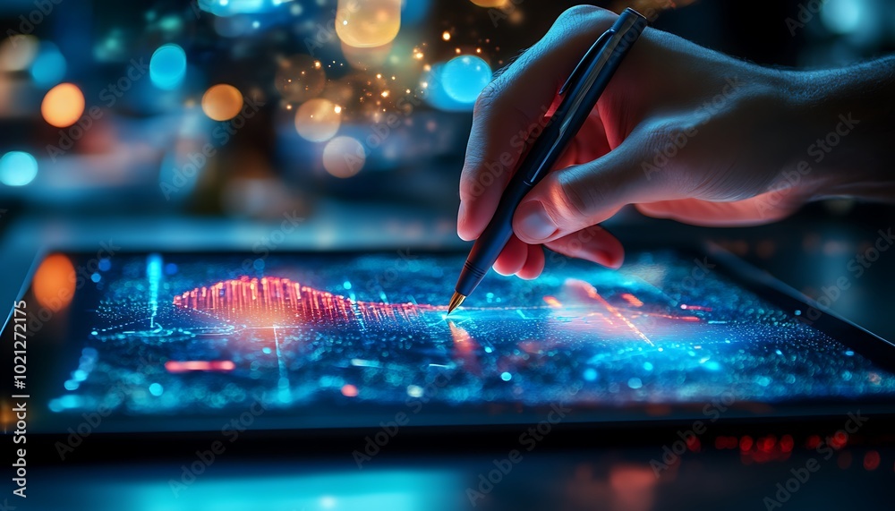 Aufkleber A hand using a stylus on a digital tablet, displaying vibrant graphics and data visualizations, suggesting advanced technology and analysis.