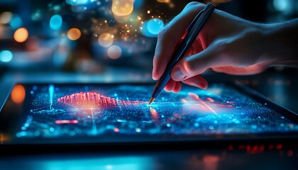 A hand using a stylus on a digital tablet, displaying vibrant graphics and data visualizations, suggesting advanced technology and analysis.
