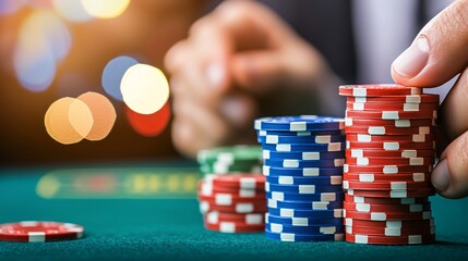 Naklejka premium Elegant Baccarat Player in Luxurious Casino - High-Stakes Gambling with Smooth Chips in a Sophisticated Atmosphere