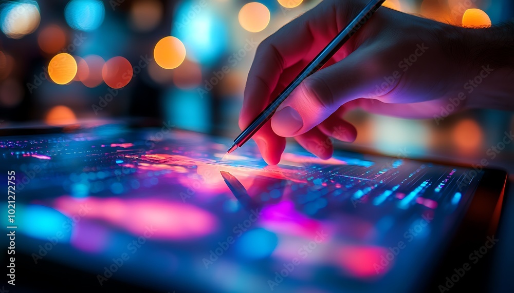 Poster a close-up of a hand using a stylus on a glowing tablet, with vibrant lights and colors creating a d