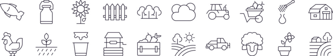 Collection of Line Icons of Field, Farm, Garden Drawn with Thin Line for apps, web sites, banners, infographics and other types of design