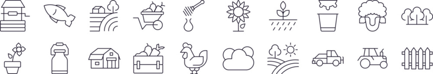 Collection of Outline Symbols of Field, Farm, Garden Drawn with Thin Line for apps, web sites, banners, infographics and other types of design