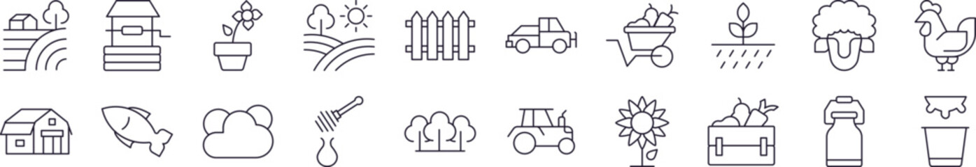 Collection of Outline Symbols of Field, Farm, Garden Drawn with Thin Line for apps, web sites, banners, infographics and other types of design