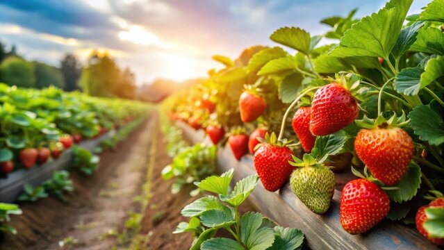 Ripe strawberries nestled amongst lush green foliage in a vibrant strawberry patch, bathed in the warm glow of the afternoon sun