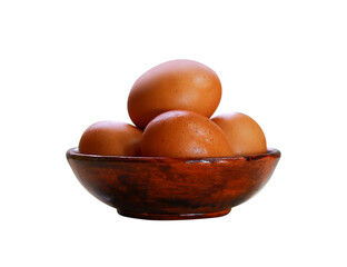 Wooden bowl with eggs isolated on white background front view