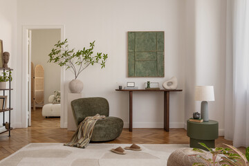 Earthy tones and simple elegance. An inviting corner with a soft chair and minimal decor, offering...