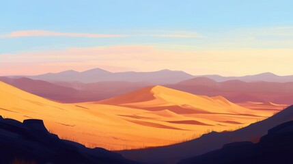 Naklejka premium A tranquil desert scene featuring rolling sand dunes stretching into the distance, with the warmth of the sun softening the horizon.