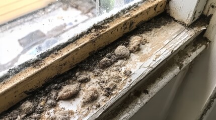 Close-up of a dusty window sill with dirt and debris accumulation.