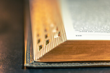 Open Bible on a black background. Religion concept. Bible pages close-up.