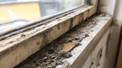 Obraz premium Close-up of a neglected window sill with dust and grime accumulation.