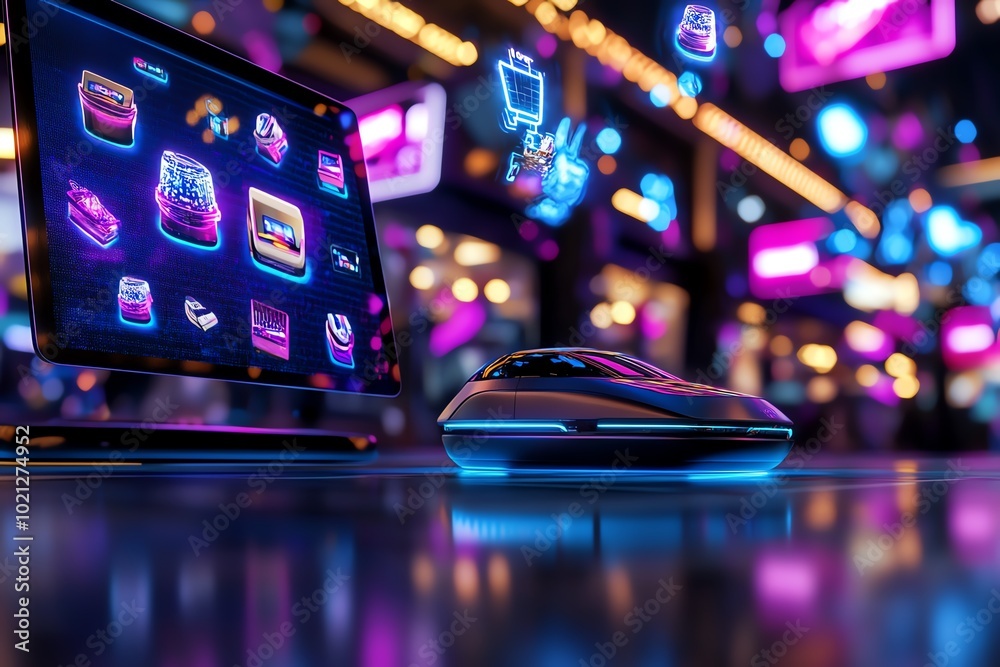 Aufkleber fantasy artwork of a futuristic online shopping spree in a neon-lit virtual mall, where holographic 