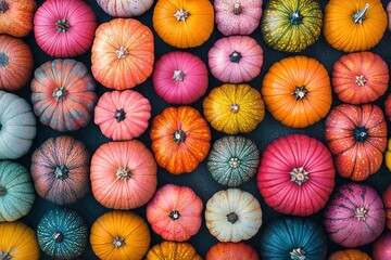 Colorful pumpkins arranged in an overhead view, showcasing their unique shapes and colors on a textured surface.