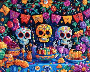 Fototapeta premium Whimsical Day the Dead art with playful, colorful sugar skulls and festive elements in a lively, celebratory setting