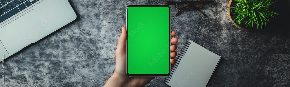 Poster a person holding a smartphone with a green screen, set on a textured workspace beside a laptop and a