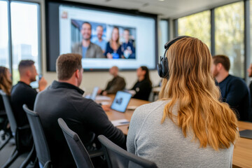 Team Meeting with Video Conference in Modern Office
