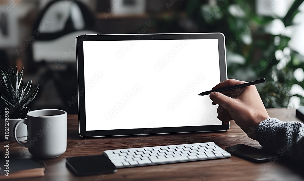 Poster a person uses a stylus on a blank tablet screen, sitting at a wooden desk with a keyboard and a coff