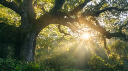 Sunlight shining through the branches of a large oak tree in a forest, creating a starburst effect.