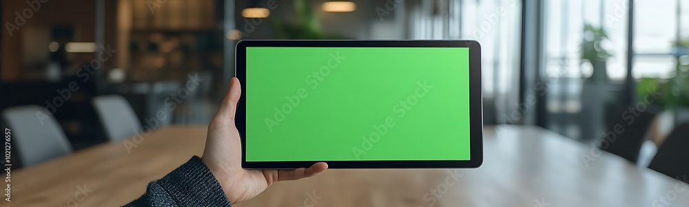 Poster a hand holds a tablet with a green screen in a modern office setting, suggesting potential for prese