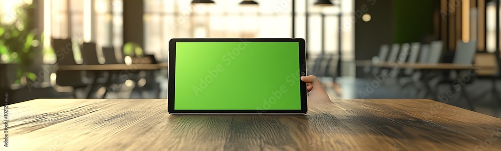 Poster a hand holds a blank green tablet on a wooden table in a modern, well-lit workspace.
